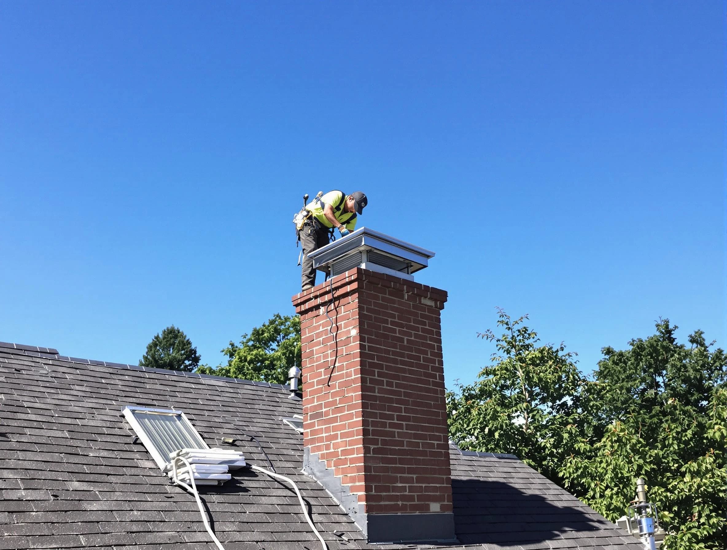 Canton Chimney Sweep technician measuring a chimney cap in Canton, MA
