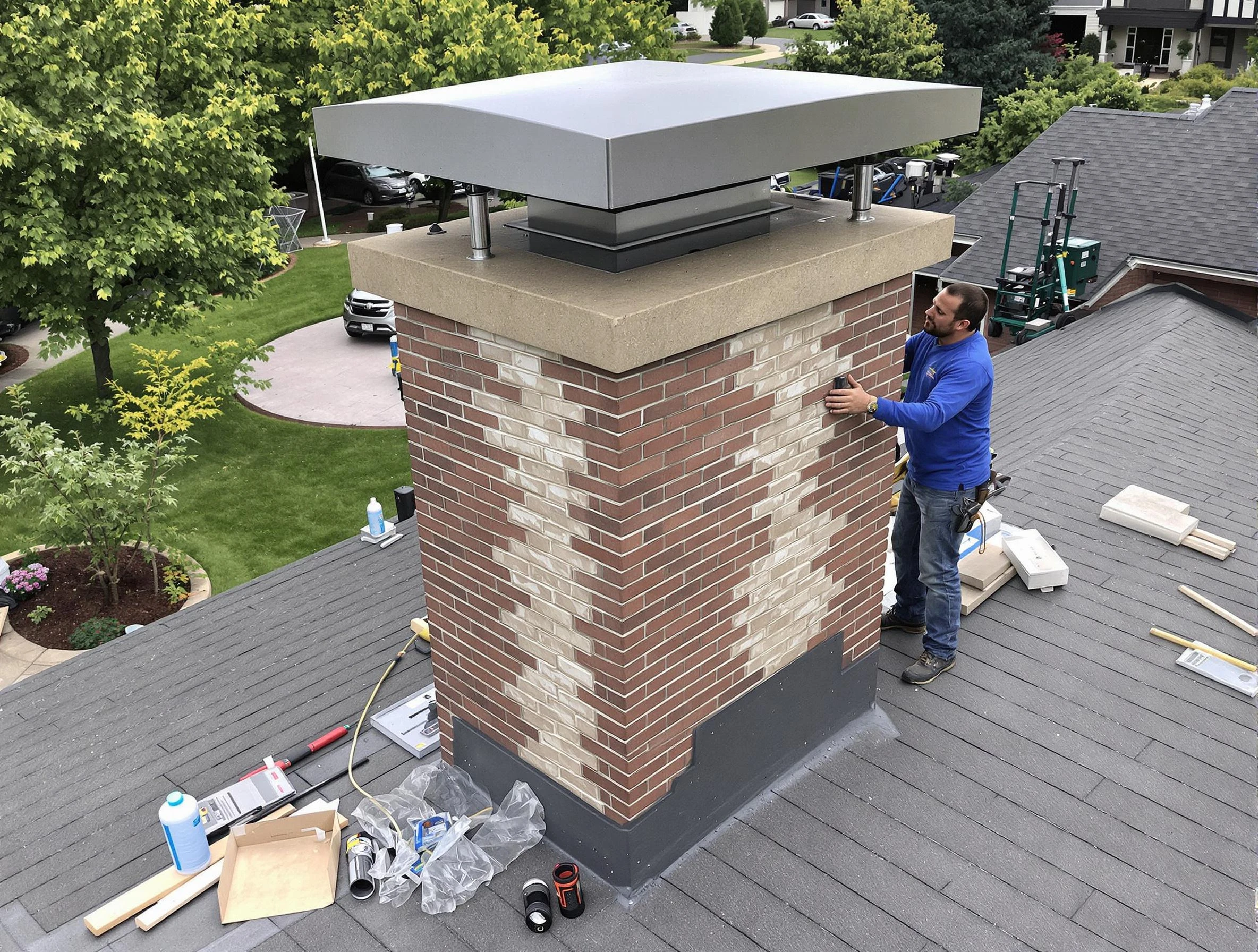 Canton Chimney Sweep team working on a custom chimney remodel in Canton, MA